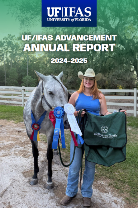 UF/IFAS Advancement Annual Report 2024-2025 cover, featuring Rhylie Hayes with horse